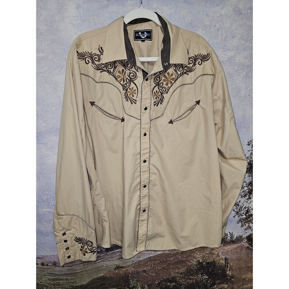 El Pionero Western Shirt Men Sz 2XL Tan Brown Embroidred Pearl Snap Long Sleeve
